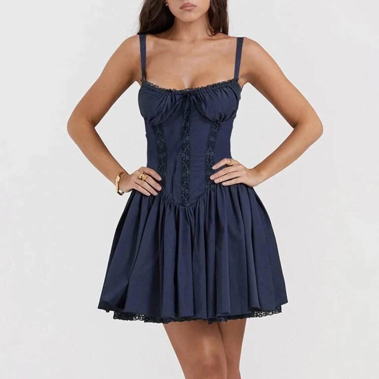 Robe Dete Courte Evasee A Bretelles Fines Bleu S