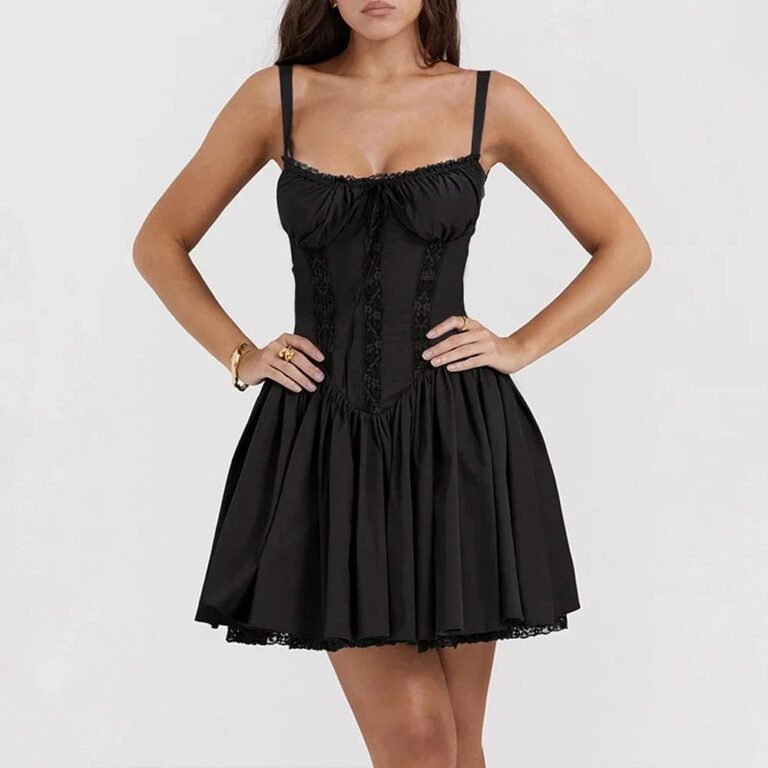Robe Dete Courte Evasee A Bretelles Fines Noir S