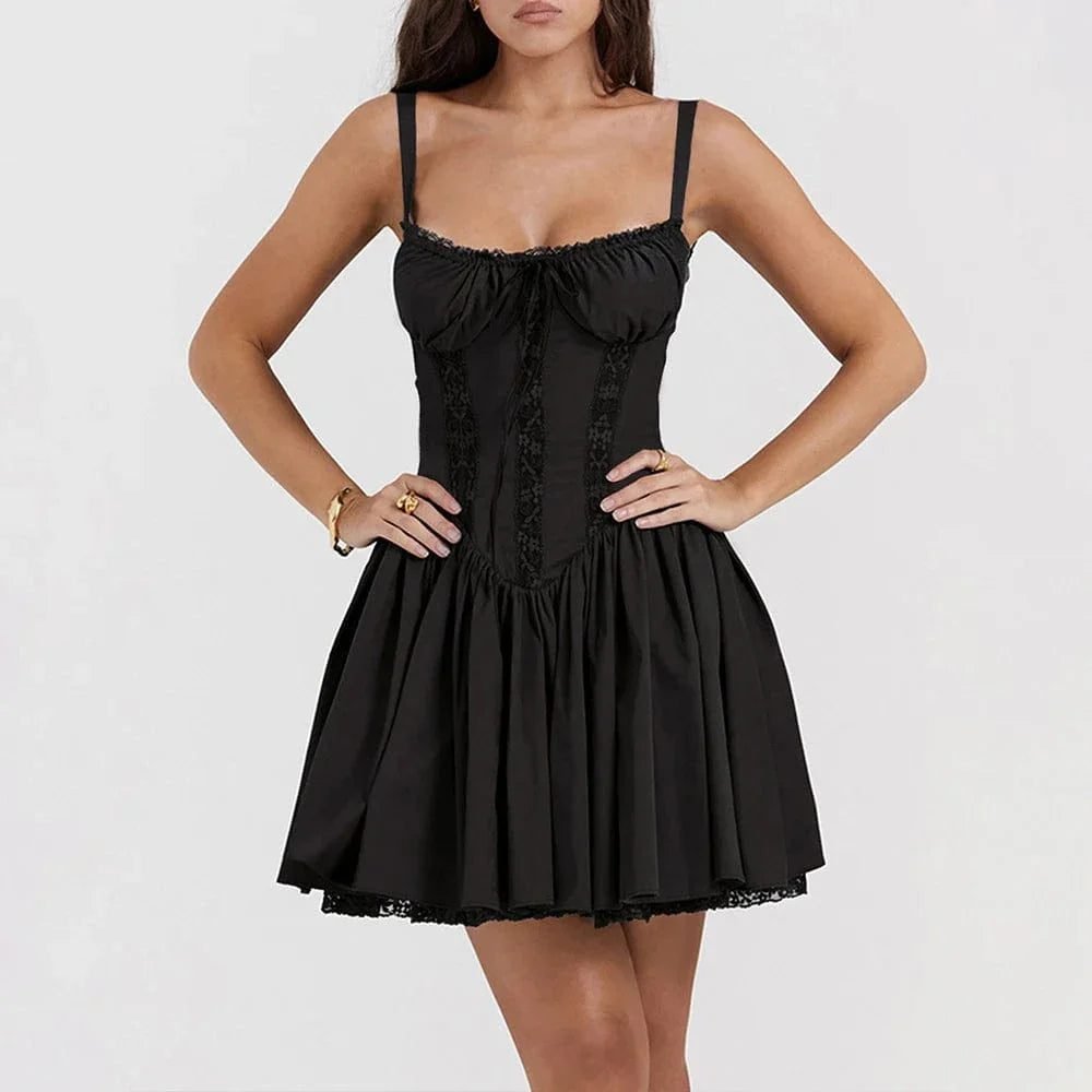 Robe Dete Courte Evasee A Bretelles Fines Noir S