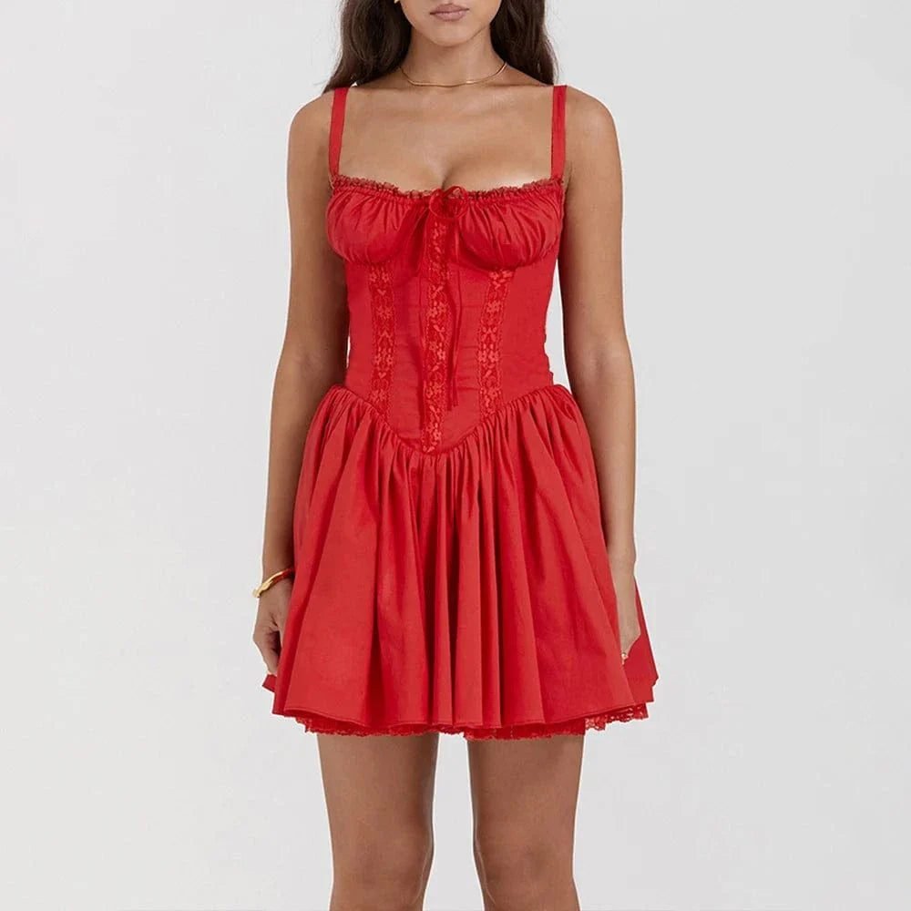 Robe Dete Courte Evasee A Bretelles Fines Rouge S