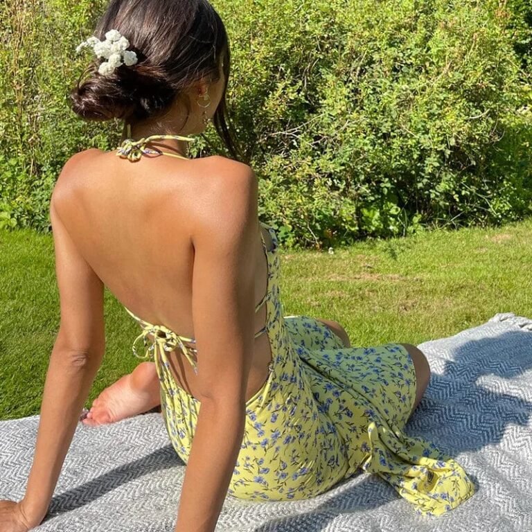 Robe Dete Dos Nu Jaune Fleurie 2