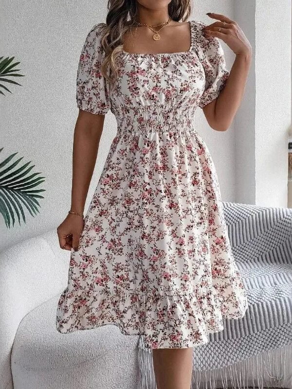 Robe Dete Fleurie Manches Courtes Col Carre