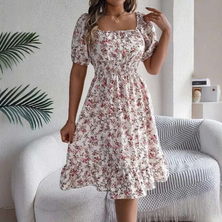 Robe Dete Fleurie Manches Courtes Col Carre