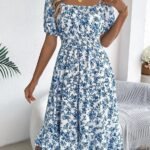 Robe Dete Fleurie Manches Courtes Col Carre Bleu S
