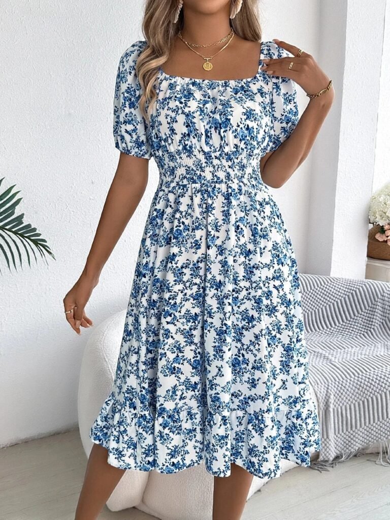 Robe Dete Fleurie Manches Courtes Col Carre Bleu S