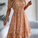 Robe Dete Fleurie Manches Courtes Col Carre Jaune S