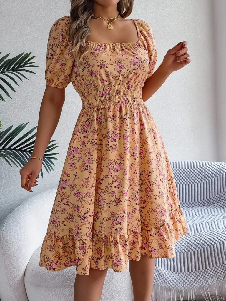 Robe Dete Fleurie Manches Courtes Col Carre Jaune S