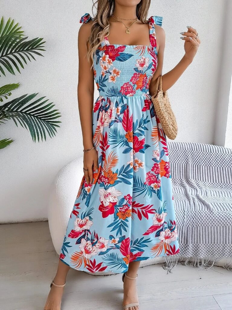 Robe Dete Fleurie Midi A Bretelles Bleu S