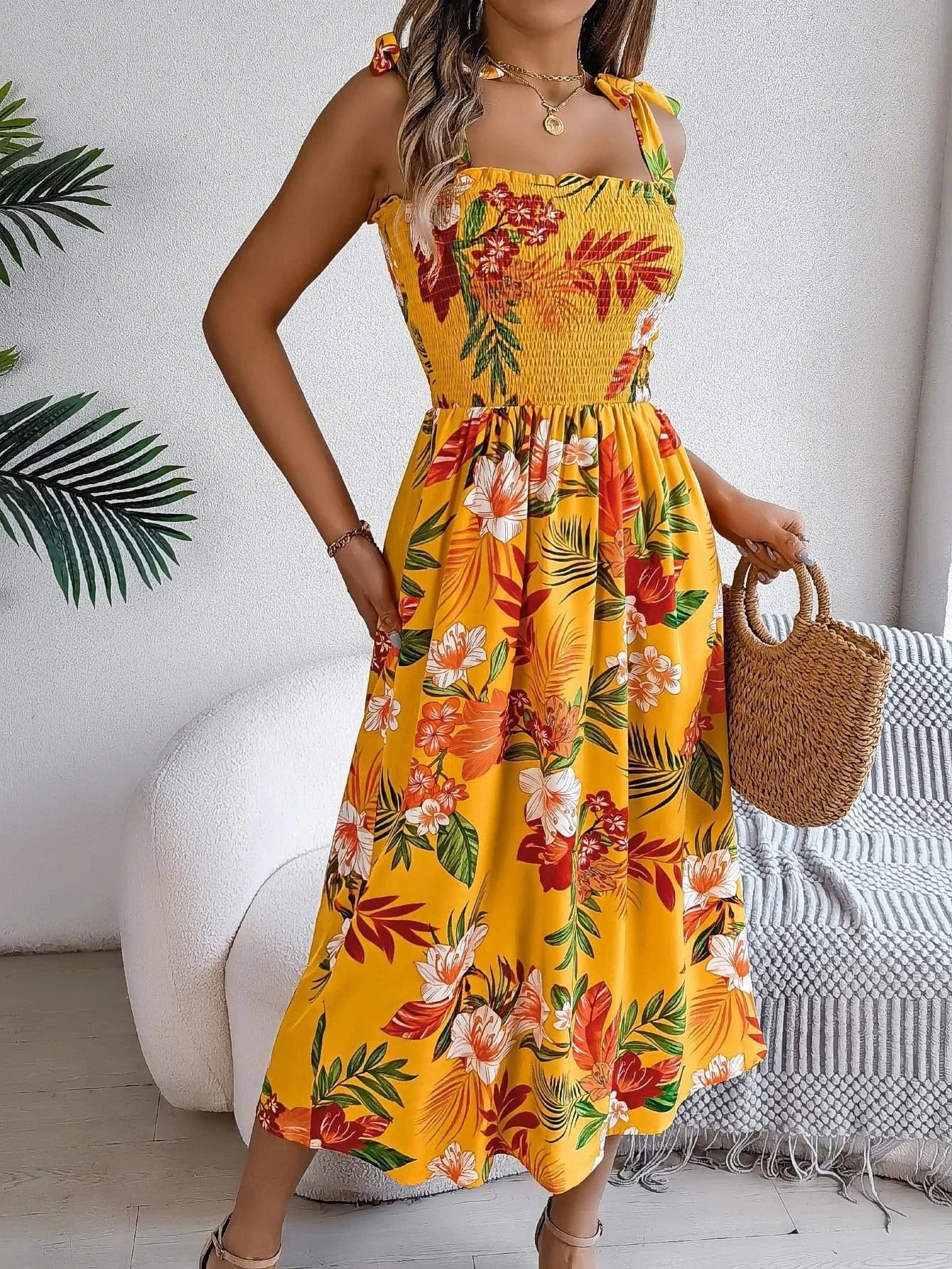 Robe Dete Fleurie Midi A Bretelles Jaune L