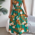 Robe Dete Fleurie Midi A Bretelles Vert L