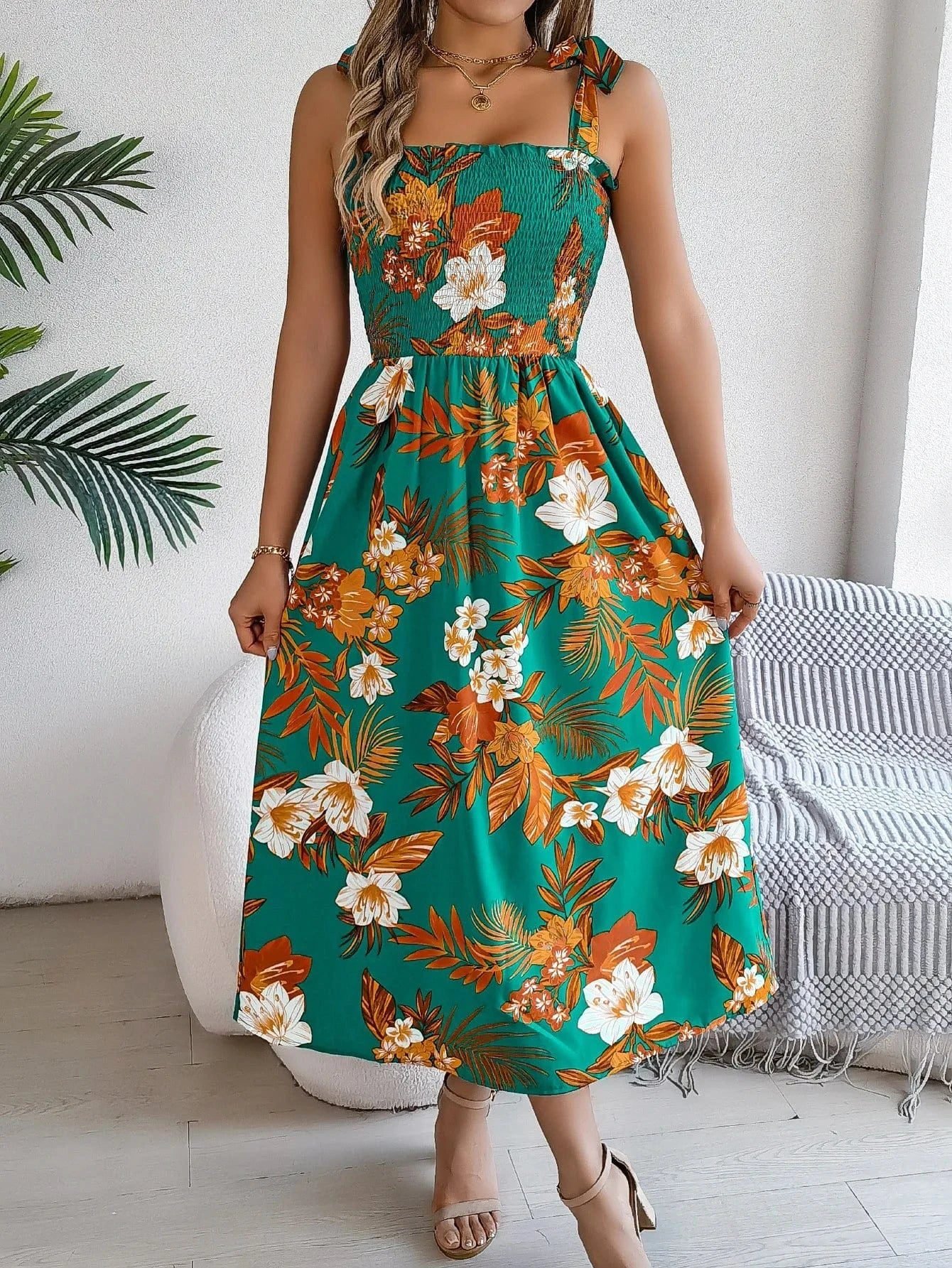 Robe Dete Fleurie Midi A Bretelles Vert L