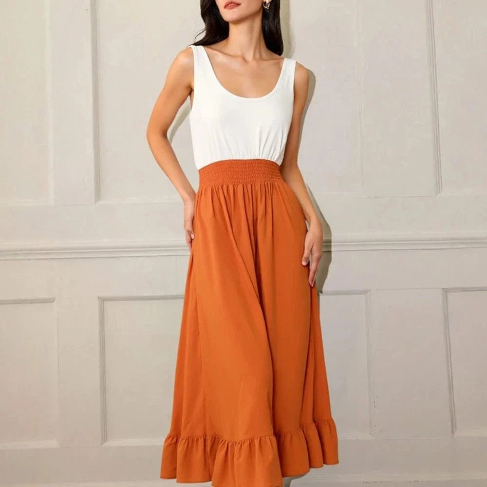 Robe Dete Midi Sans Manches Blanc Orange 2