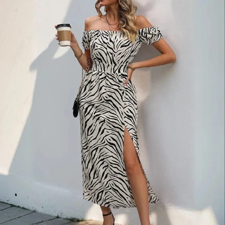Robe Dete Motif Zebre Fendue Epaules Denudees