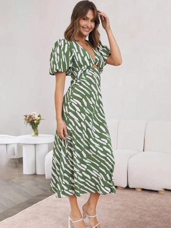 Robe Dete Verte Boheme Midi A Manches Bouffantes Vert S