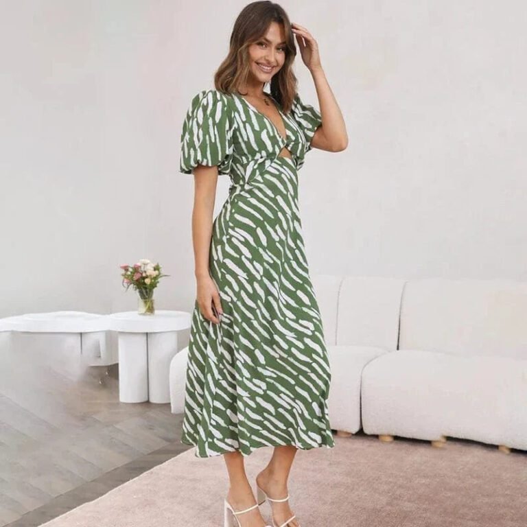 Robe Dete Verte Boheme Midi A Manches Bouffantes Vert S