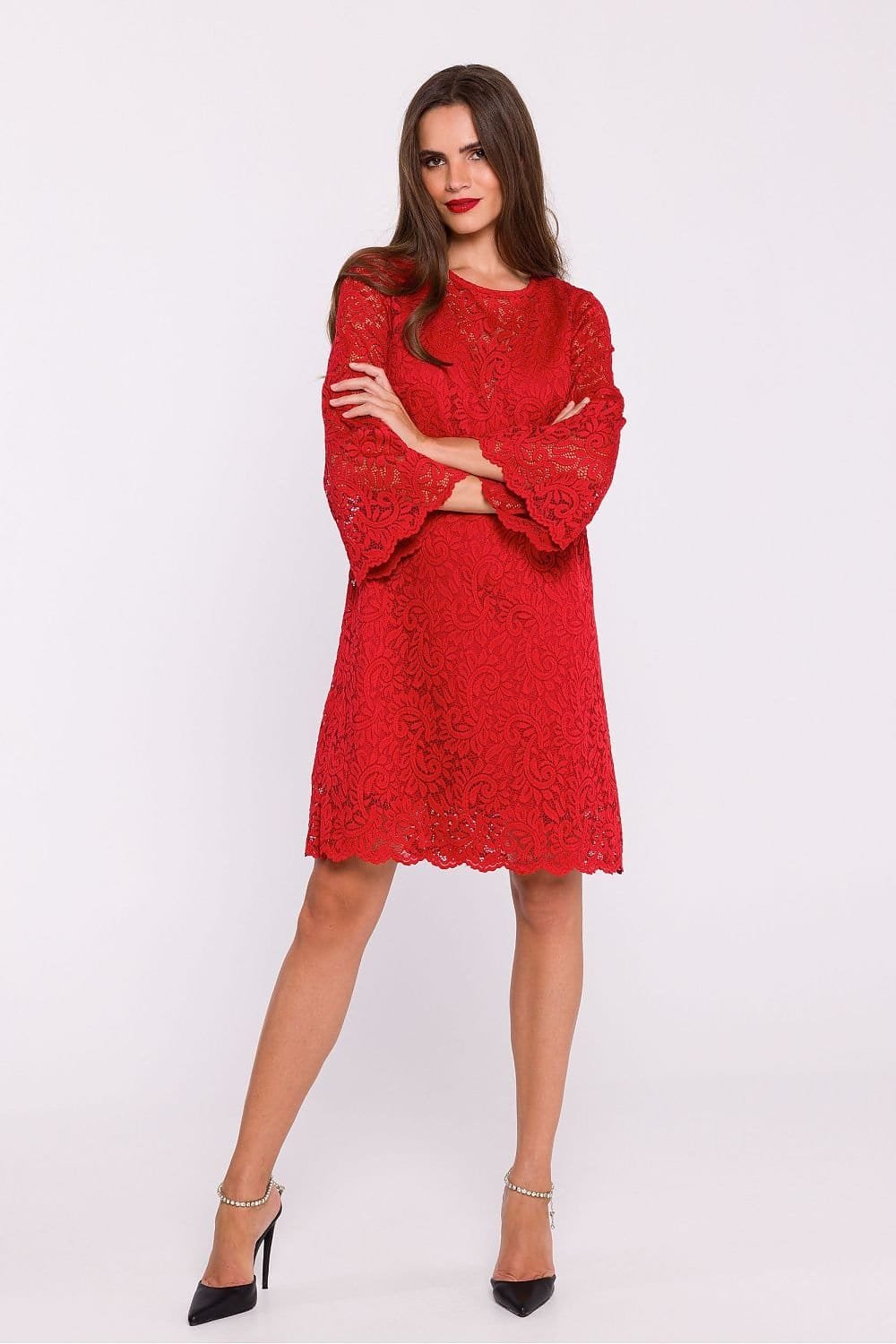 Robe En Dentelle Manches Longues Rouge S