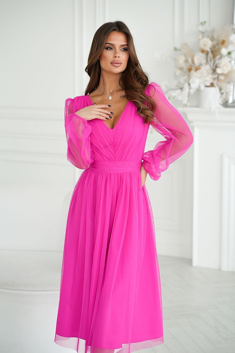Robe En Tulle Midi Manches Longues Rose 34