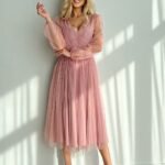Robe En Tulle Rose Midi Manches Longues 3