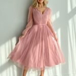 Robe En Tulle Rose Midi Manches Longues 34