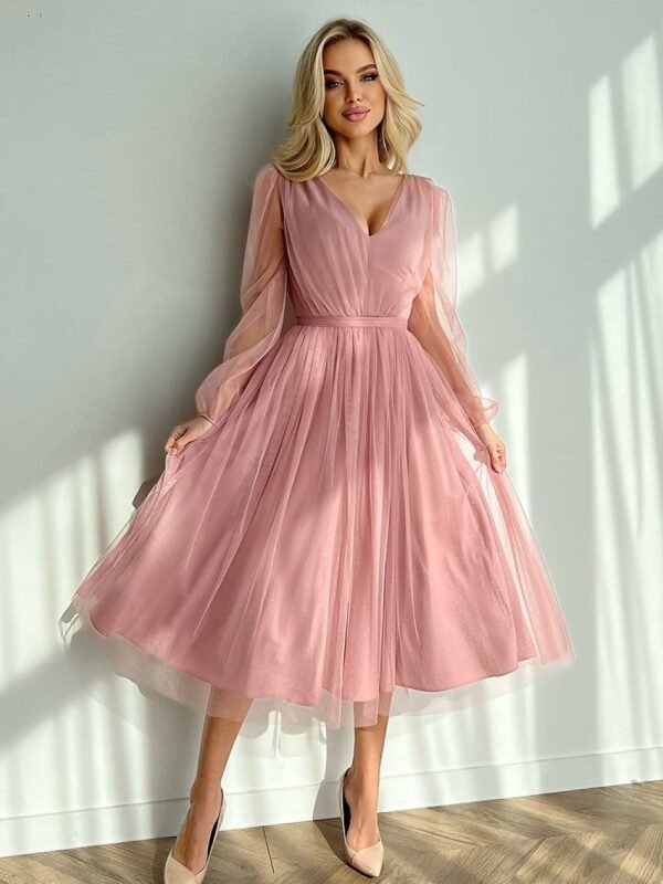 Robe En Tulle Rose Midi Manches Longues 34