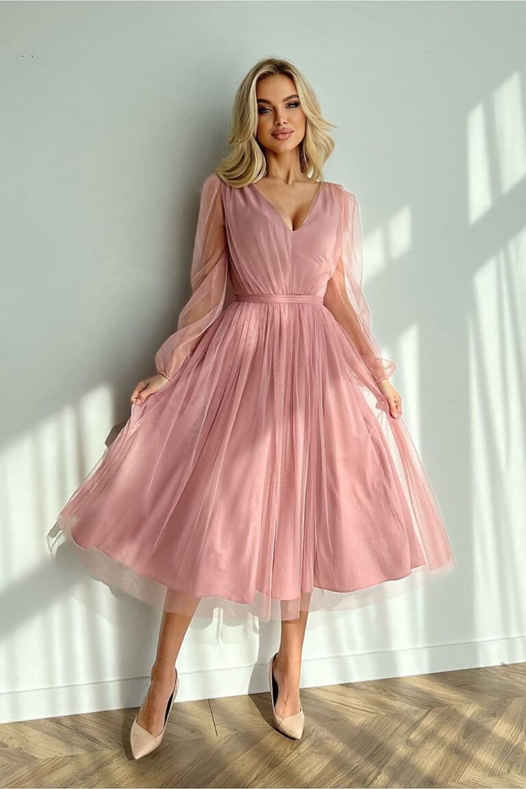 Robe En Tulle Rose Midi Manches Longues 34