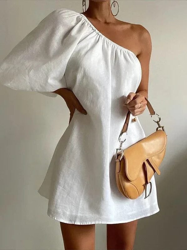 Robe Ete Asymetrique Epaule Denudee Blanc S