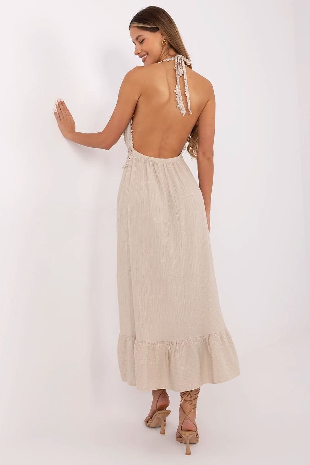 Robe Ete Beige Midi En Gaze De Coton Dos Nu