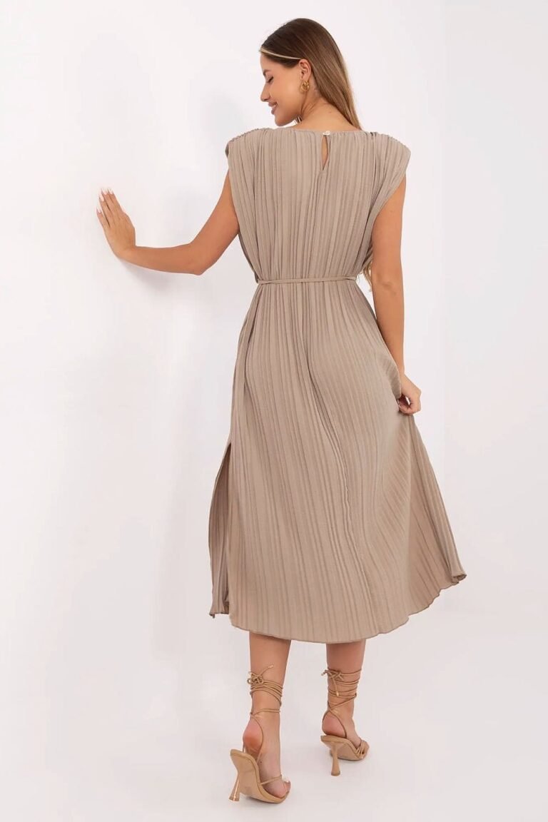 Robe Ete Beige Plissee Fendue Fluide Midi