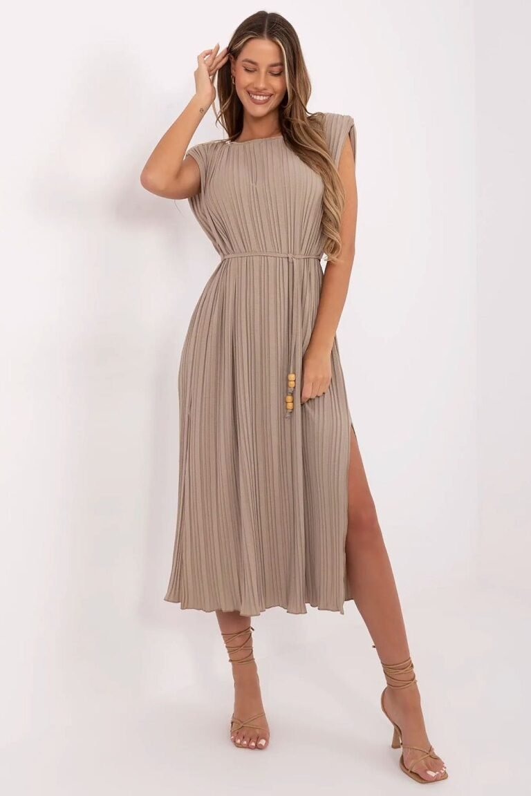 Robe Ete Beige Plissee Fendue Fluide Midi Beige Taille Unique