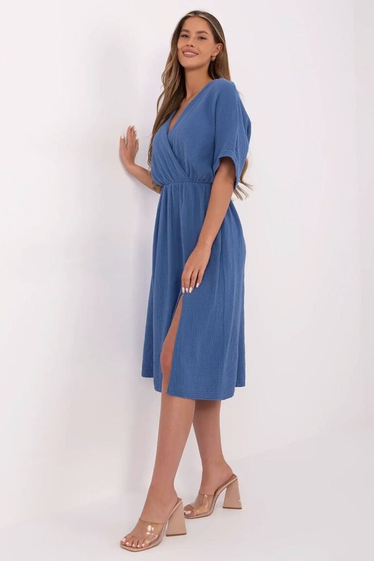 Robe Ete Bleue Midi Fendue Gaze De Coton 2