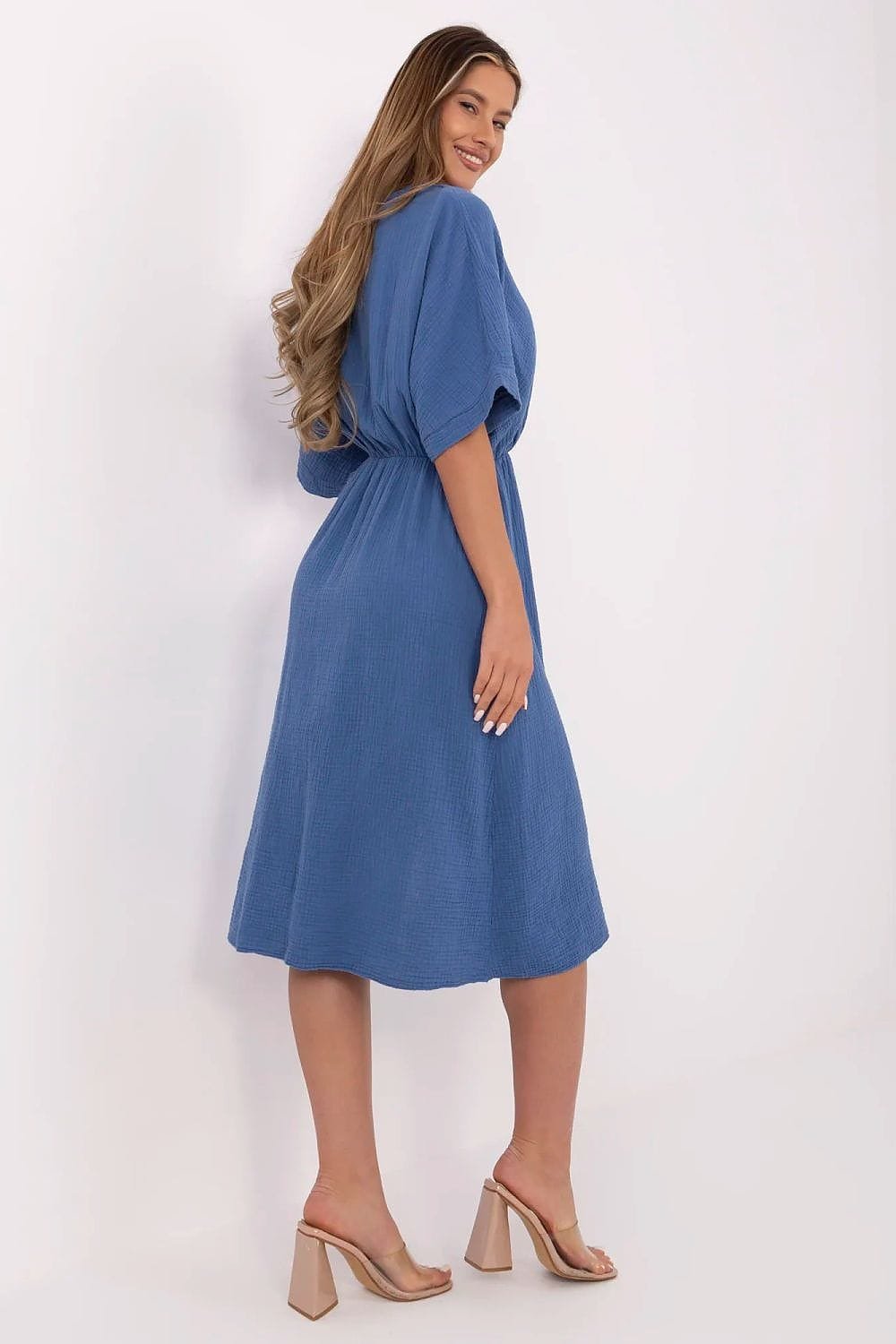 Robe Ete Bleue Midi Fendue Gaze De Coton