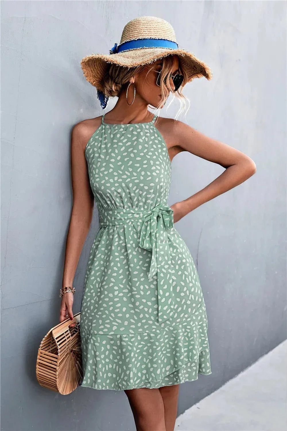 Robe Ete Boheme Courte A Bretelles Vert S