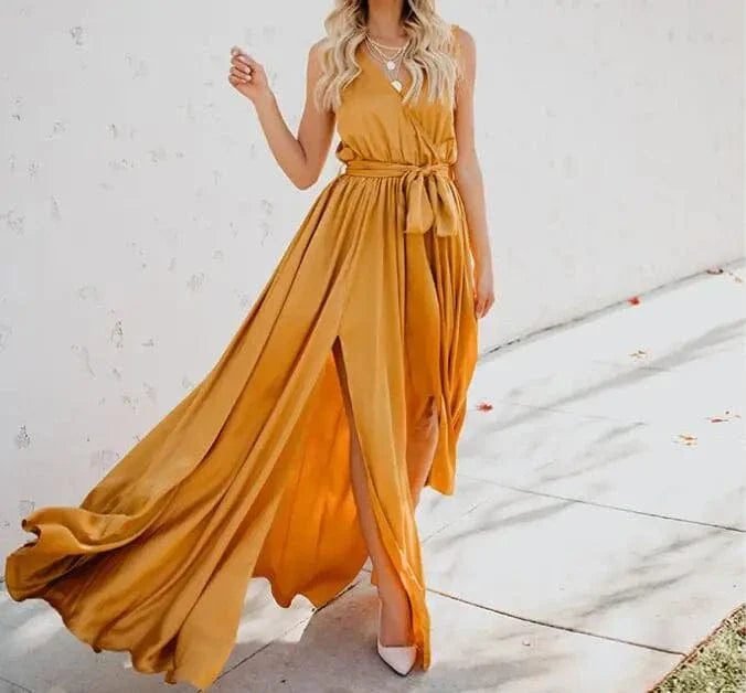 Robe Ete Boheme Fendue Decolletee Jaune S