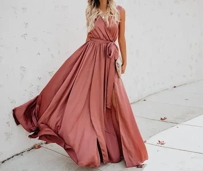 Robe Ete Boheme Fendue Decolletee Terracotta S