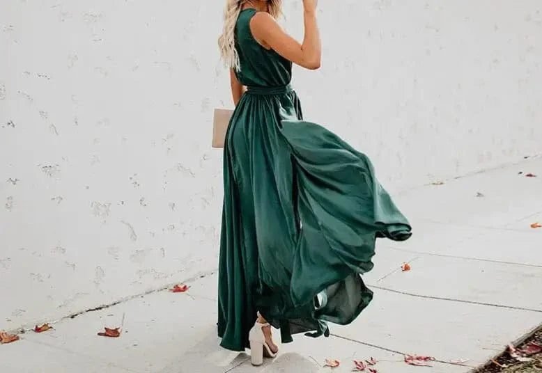 Robe Ete Boheme Fendue Decolletee Vert S