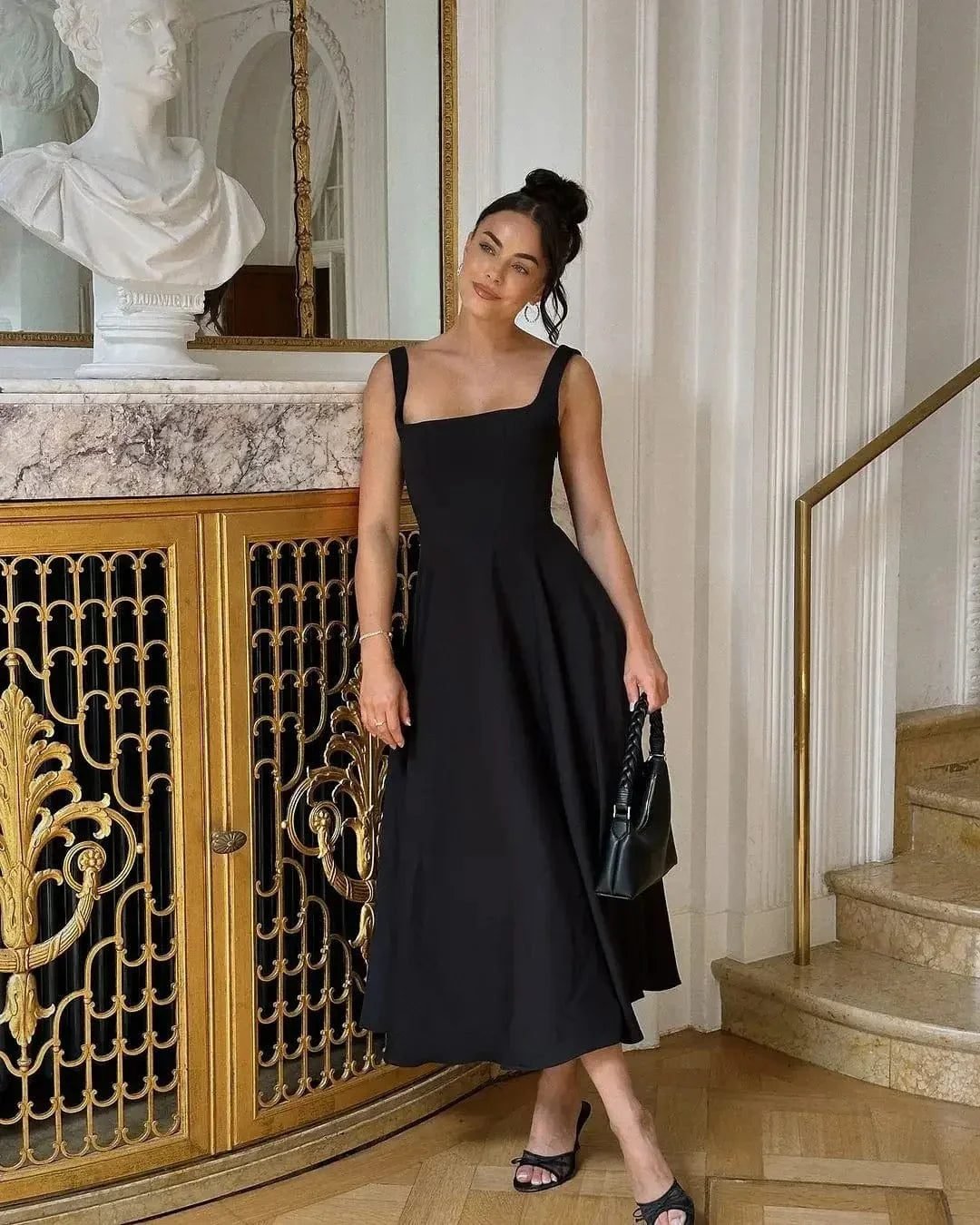 Robe Ete Chic Col Carre Sans Manches Trapeze Noir S