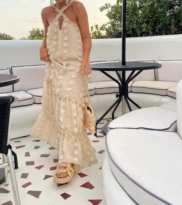 Robe Ete Chic Dos Nu A Fleurs 3d Beige S
