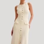 Robe Ete Chic Longue Moulante Boutonnee Beige S