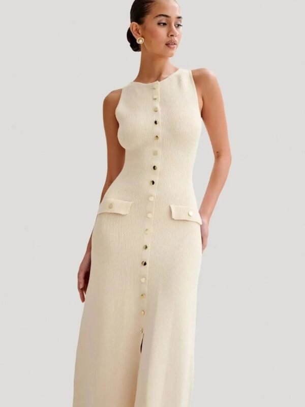 Robe Ete Chic Longue Moulante Boutonnee Beige S