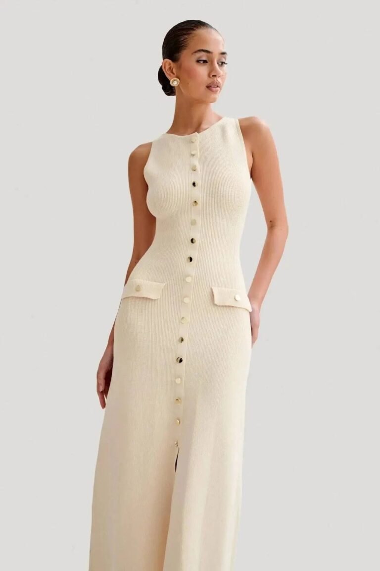 Robe Ete Chic Longue Moulante Boutonnee Beige S
