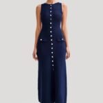 Robe Ete Chic Longue Moulante Boutonnee Bleu S