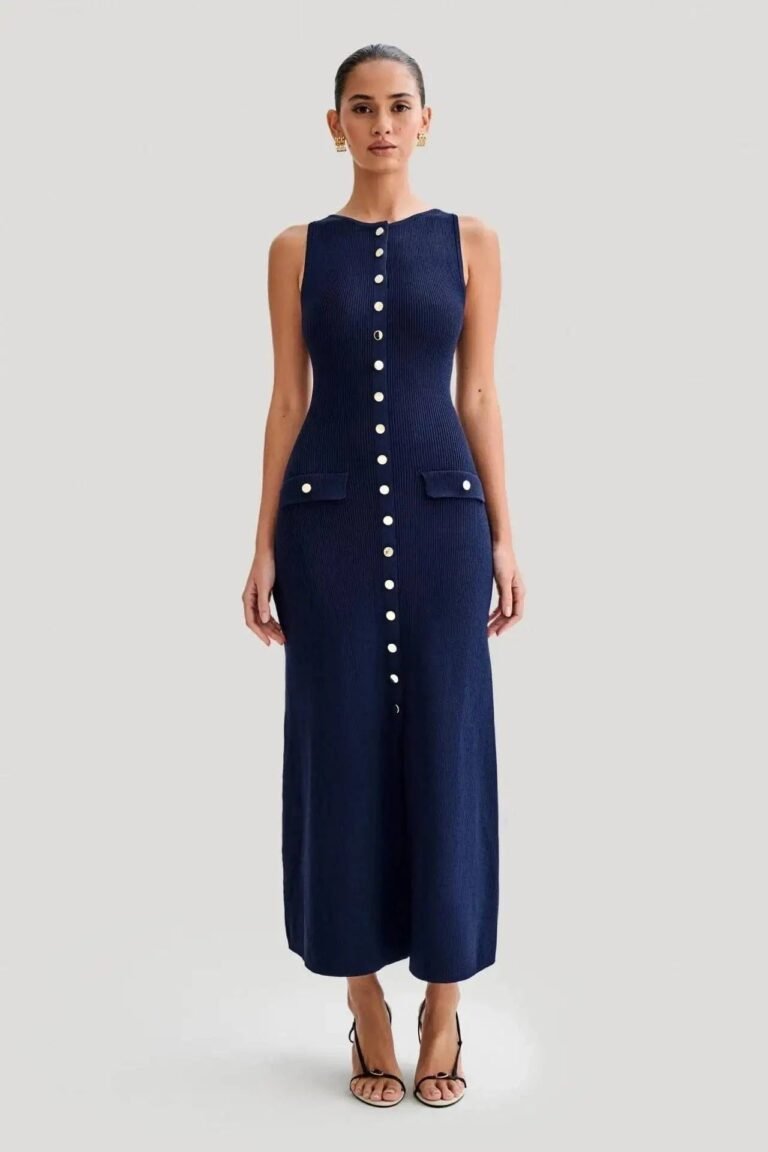 Robe Ete Chic Longue Moulante Boutonnee Bleu S