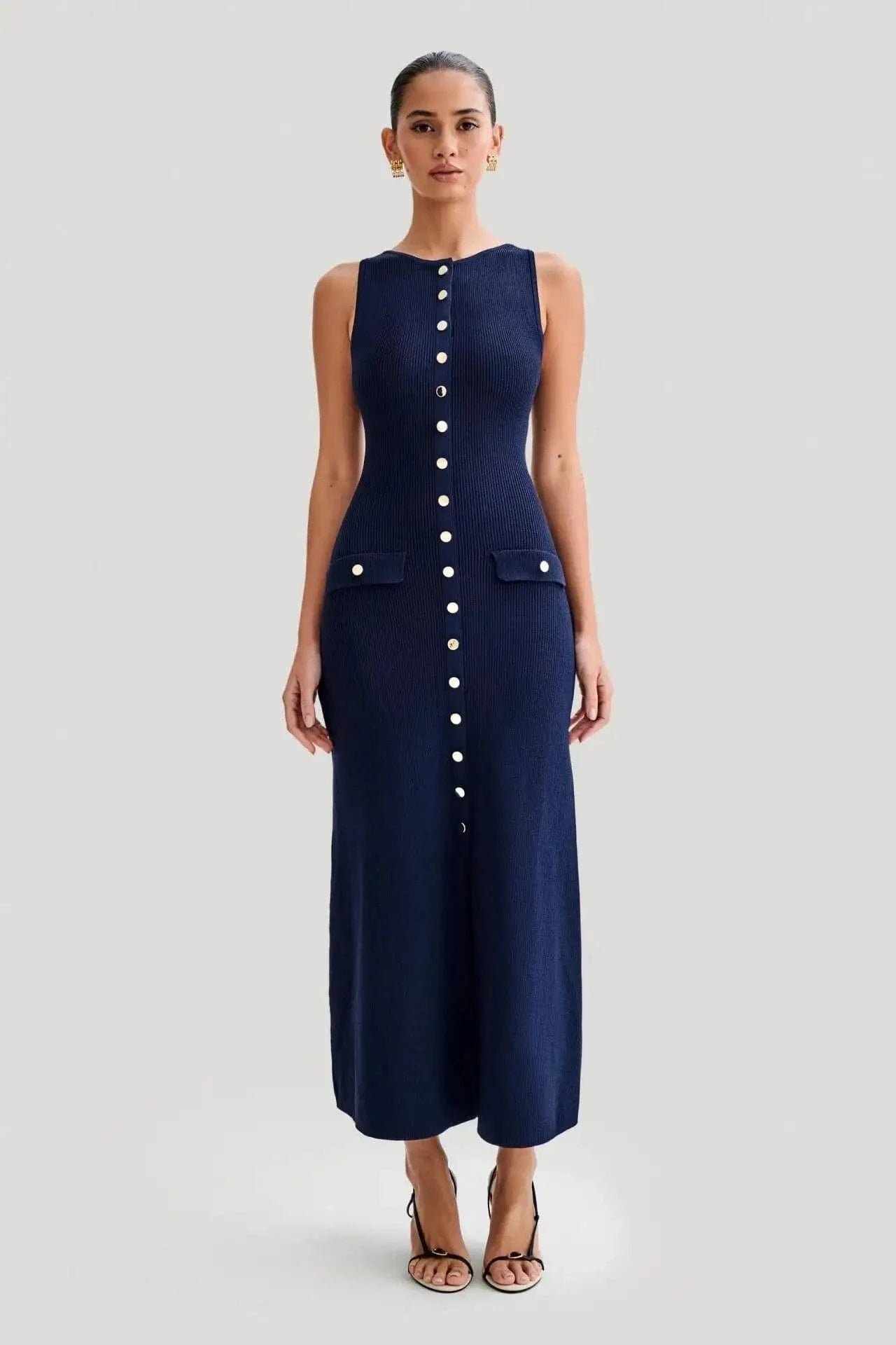 Robe Ete Chic Longue Moulante Boutonnee Bleu S