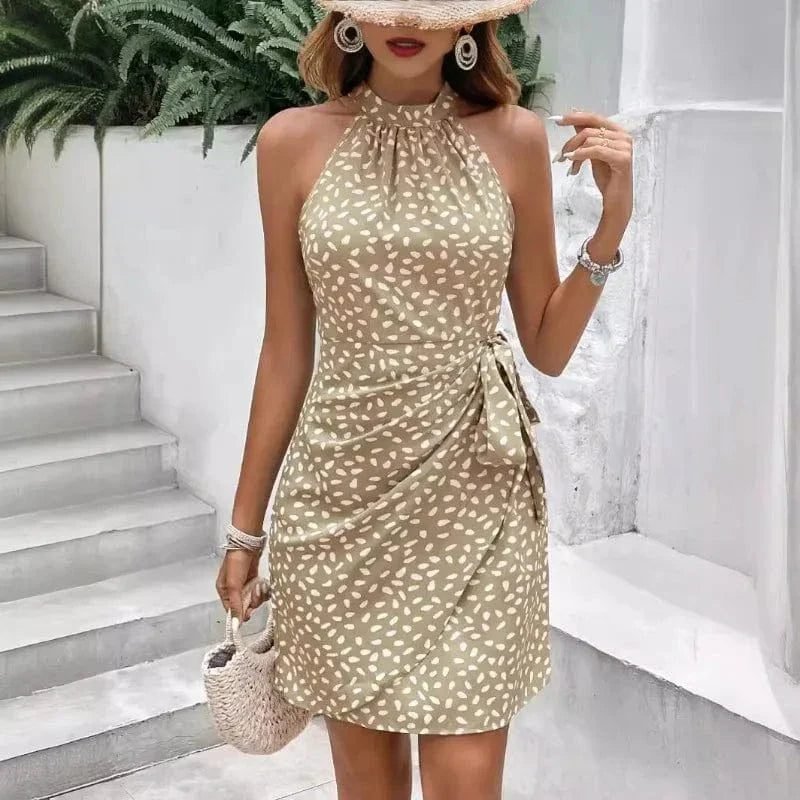 Robe Ete Courte Drappee Sans Manches Beige S