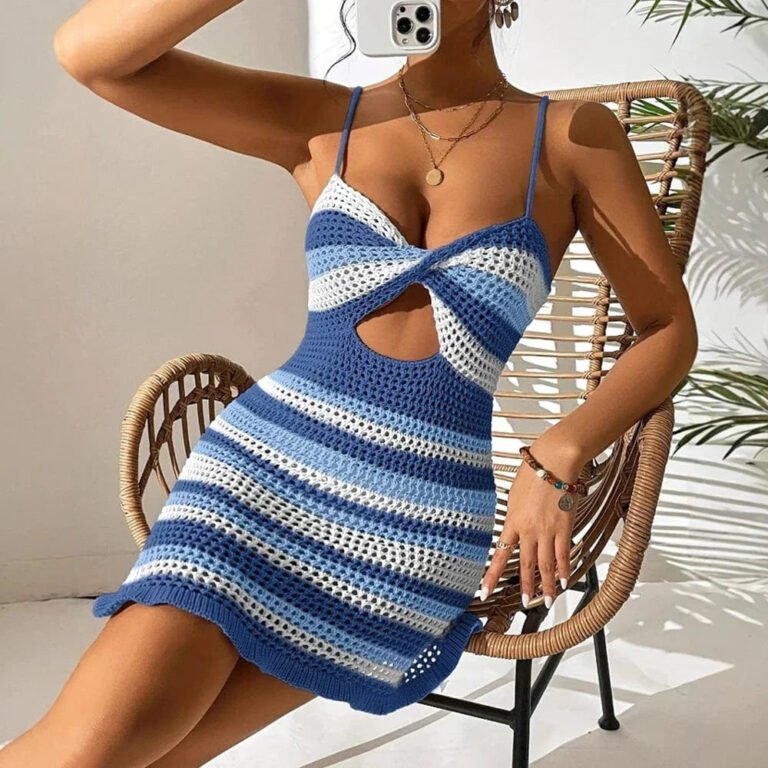 Robe Ete Courte Tricotee A Bretelles Fines Bleu S