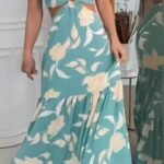 Robe Ete Dos Nu Longue Tropicale Fluide Bleu S