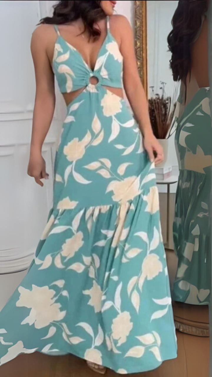 Robe Ete Dos Nu Longue Tropicale Fluide Bleu S