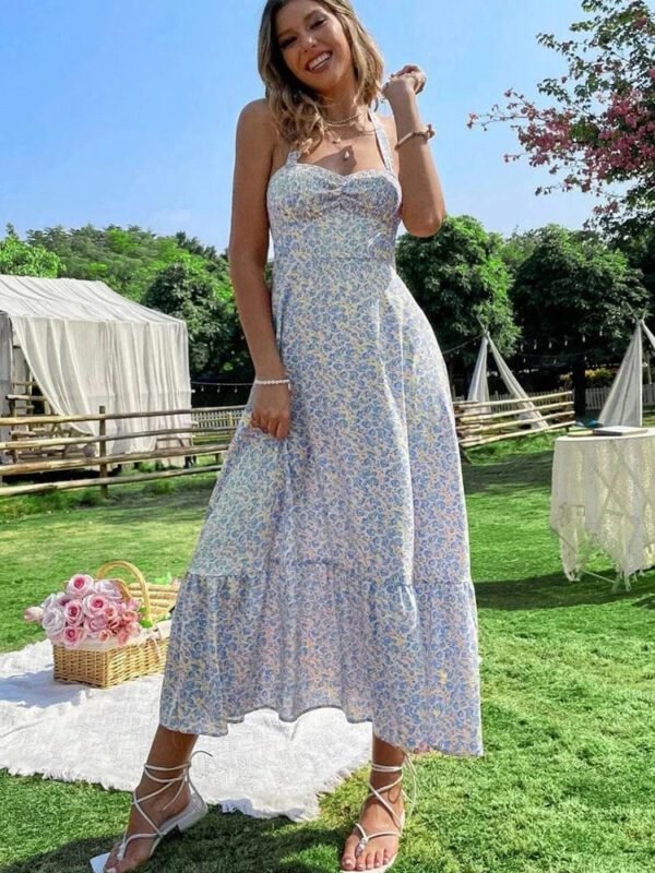 Robe Ete Dos Nu Midi Fleurie Boheme Bleu Xs