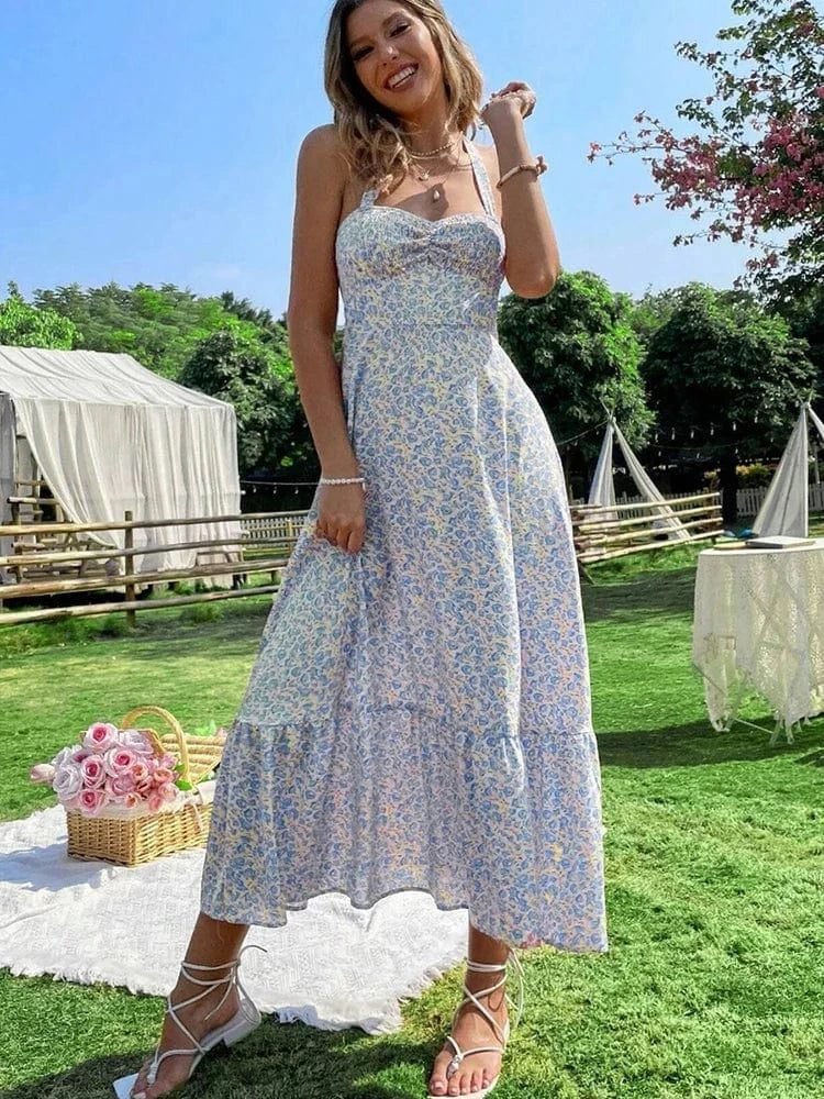 Robe Ete Dos Nu Midi Fleurie Boheme Bleu Xs