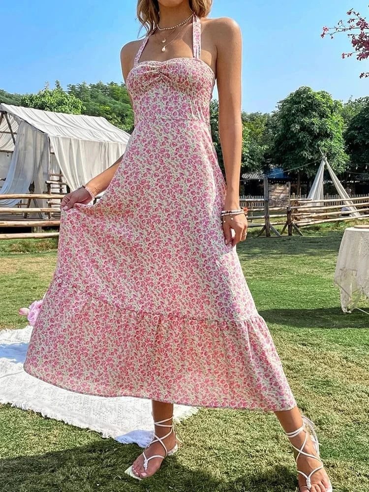 Robe Ete Dos Nu Midi Fleurie Boheme Rouge Xs